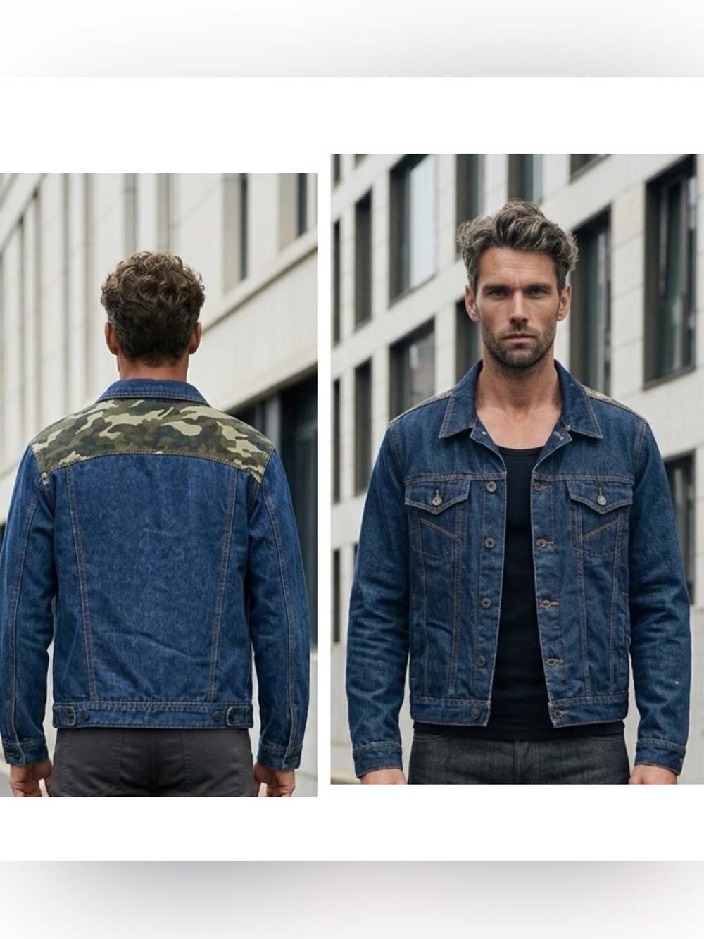 Ring of Fire Men's Camo Indigo Denim Trucker Jacket with Contrast Stitching Sz L